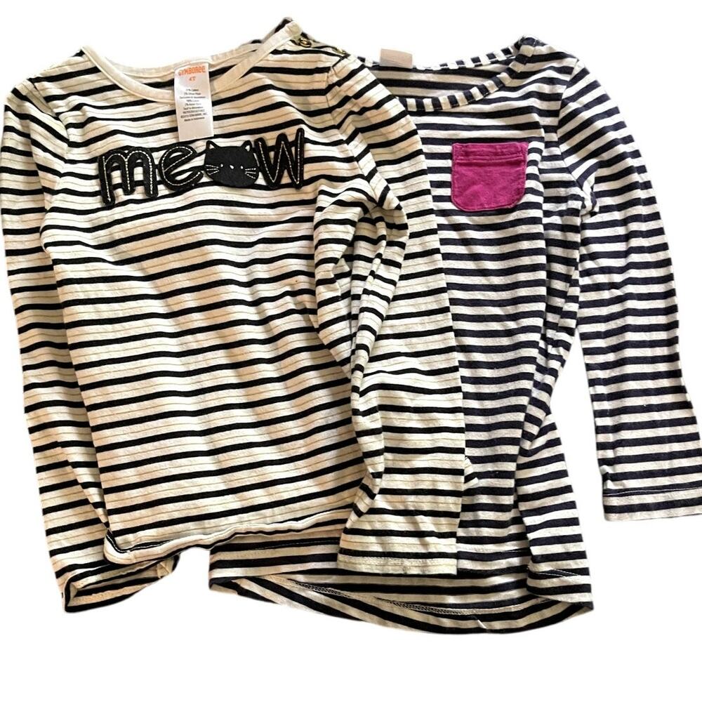 Gymboree Girls 4T Striped Long Sleeve Shirts (2 shirts) Black and White Meow